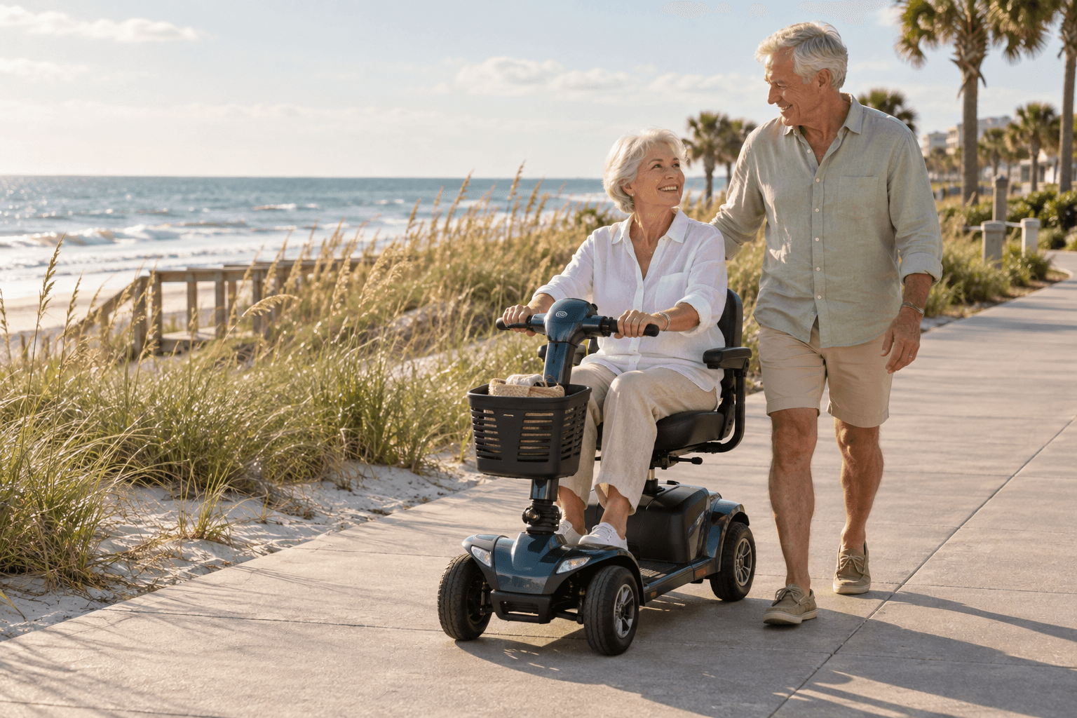 A couple enjoying a sunny coastal promenade with a mobility scooter